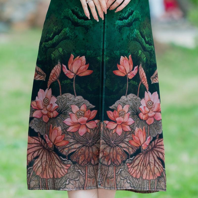 Product Introduction of GOTI Thời Trang Trung Niên Cao Cấp Đầm Suông Voan Xẻ Tà In Hoa Sen Tay Ngắn Quý Phái 3406  Nữ Nhung Dress 33