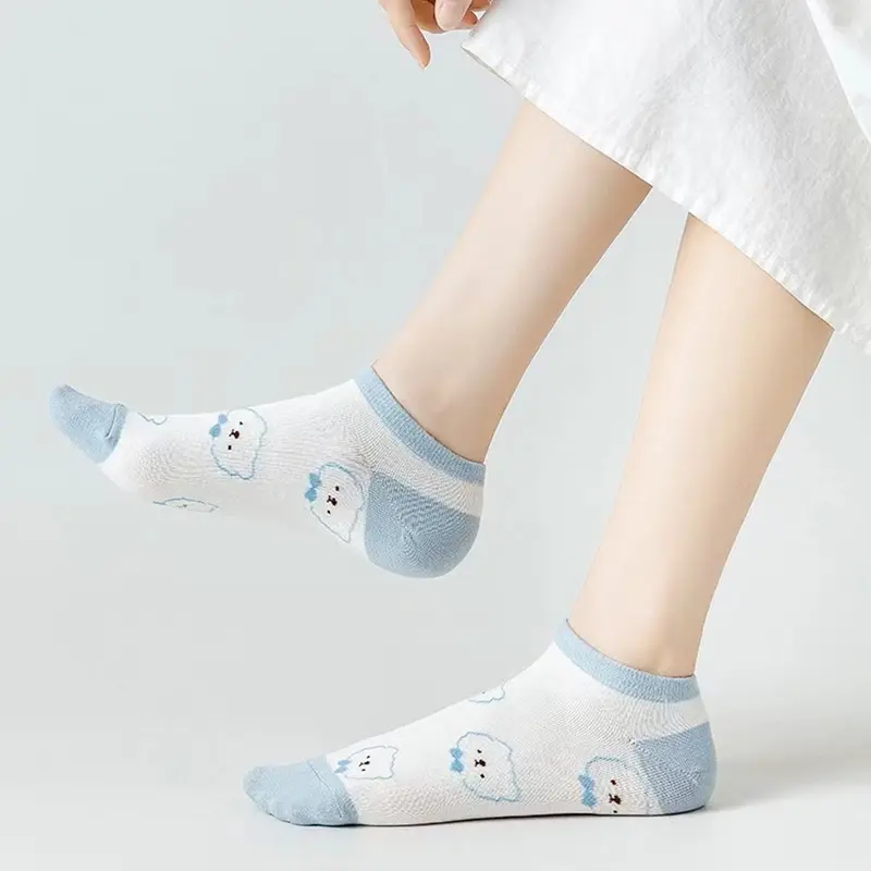 BISA COD K5703 Kaos Kaki Pendek Gaya Korea / Kaos Kaki Wanita Motif Beruang Biru Muda / Kaos Kaki Semata Kaki Beruang Biru Panjang Ankle Garis 3