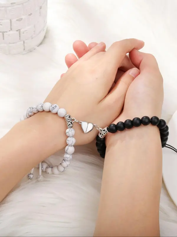 Couple Magnetic Heart Charm Beaded Bracelet, Fashionable Jewelry for Women & Men, Trendy All-match & Exquisite Jewelry for Birthday Gift, Valentine's Day, Gift 4
