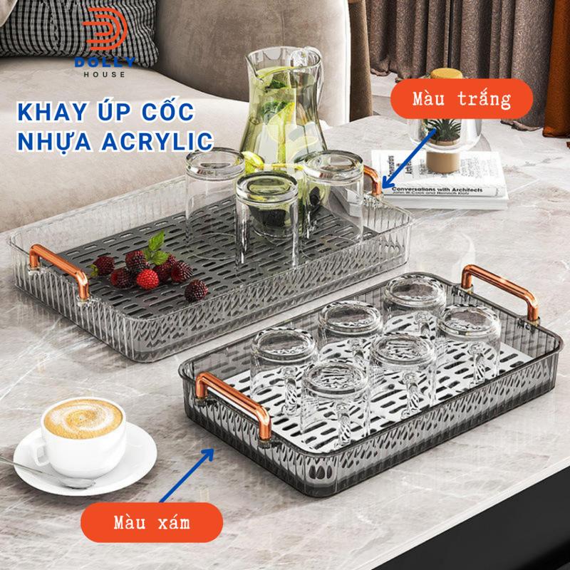 Khay Úp Cốc Ly Nhựa PP 2 Lớp Cứng Chịu Nhiệt Cao Cấp Dễ Vệ Sinh Có Hai Màu Tay Cầm Mạ Vàng Phong Cách Sang Trọng Dolly House