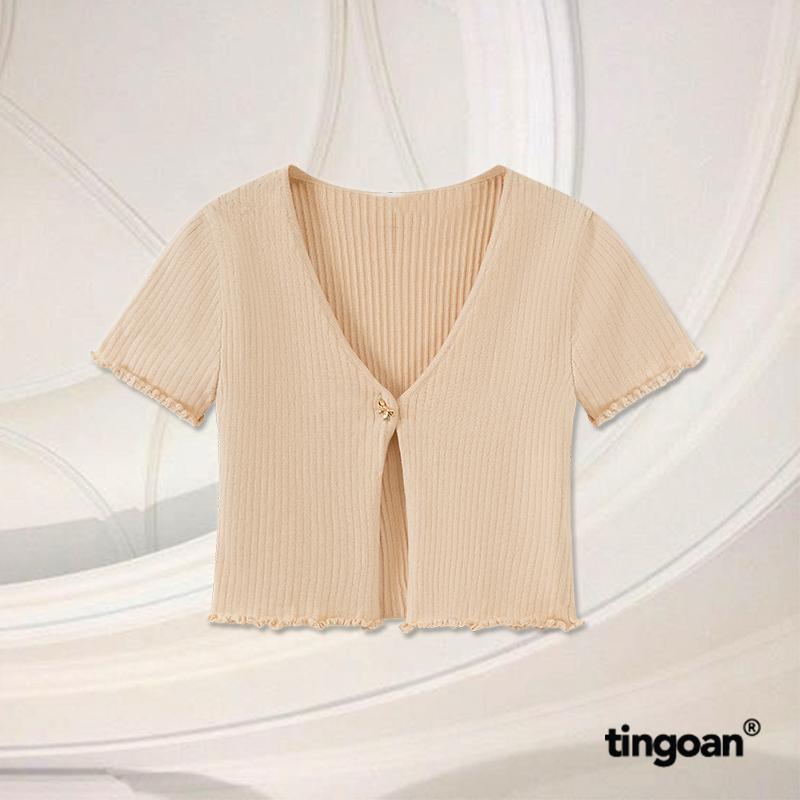 TINGOAN - Áo set len xù mỏng nm ngắn tay dáng lửng fg tặng kèm quây 2 dây nude tingoan SORA TOP/ND