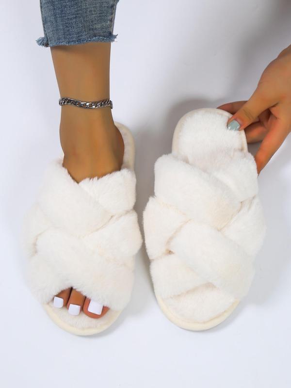 Women's Fashionable Plain Criss Cross Design Soft Slippers, Simple Design Warm Plush Slippers for Fall & Winter 7