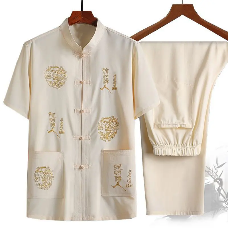 Bộ Quần Dài Áo Nam, Phong Cách Trung Quốc Cổ Điển Bộ Đồ Tang, Áo Cổ Chân Đế Một Hàng Cúc Thêu ngắn Tay, Eo Co Giãn, Chân Rộng, Thích Hợp Cho Nam Trung Niên Và Bố, Bộ Quần Dài Áo Hàng Đầu, 2 Cái / Bộ 0