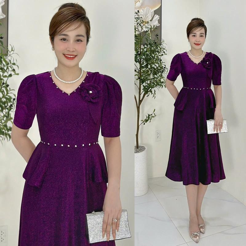 Đầm Trung Niên M672 Vải Nhủ co giãn đính đá DMC cho mẹ đi chơi dự tiệc Ôm gọn Thanh lịch Dress Váy Nữ Đỏ Women  Màu Trắng Thun Lệch Vai 4