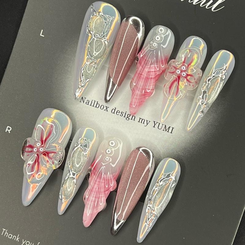 Nailbox thiết kế hoa nổi ánh hồng mắt mèo hồng chân tay giả