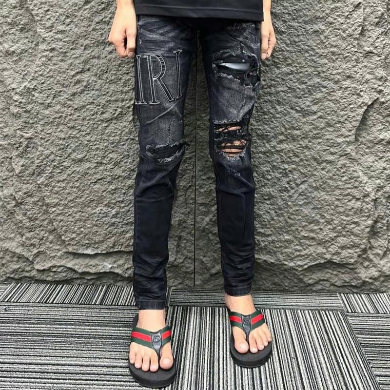  Quần jean nam đen phối da thời trang phong cách đường phố 