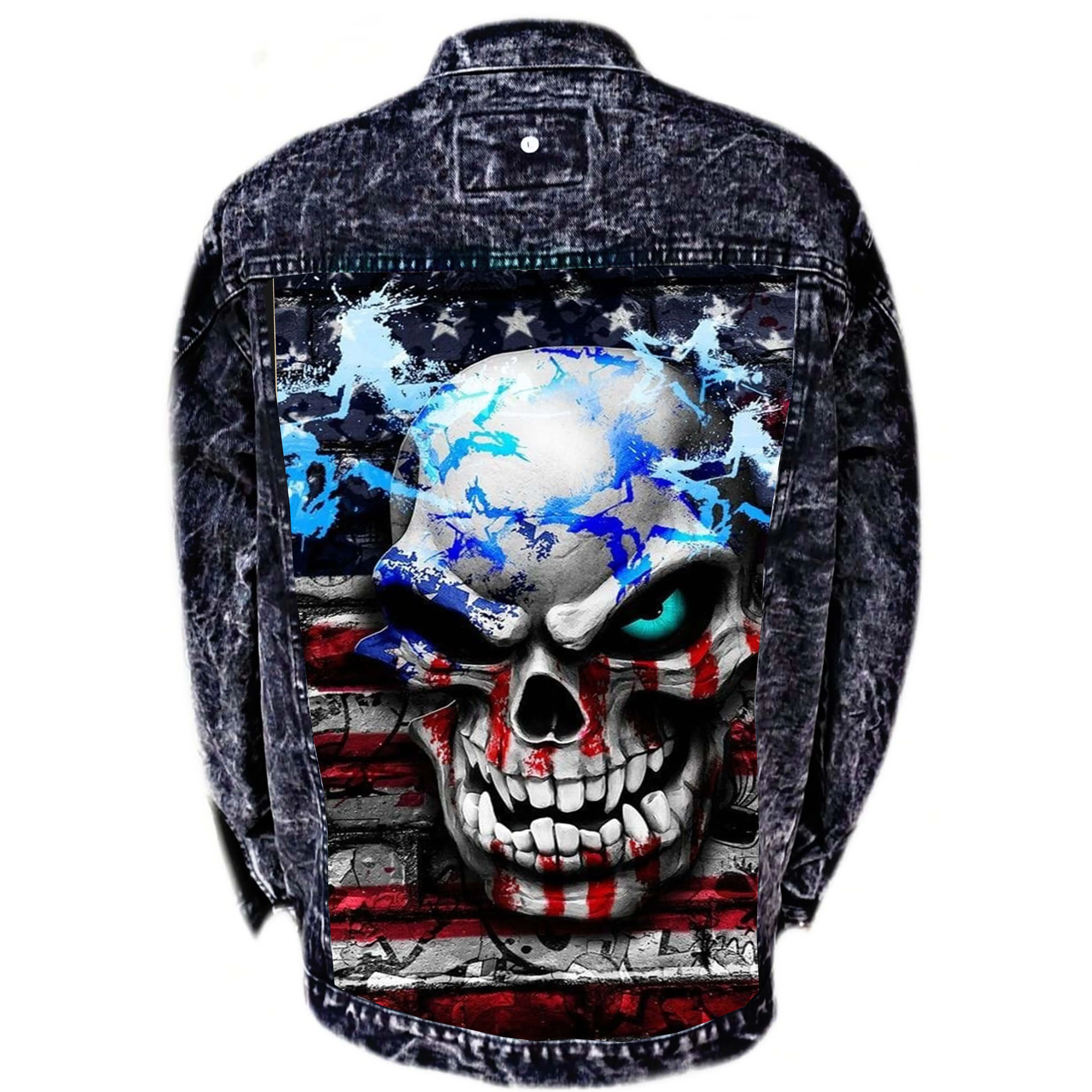 Jaket jeans pria printing gambar Tengkorak warna blackwash