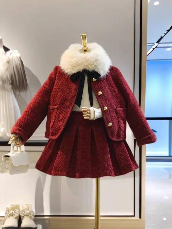 S9 - Set Dạ Cổ Lông Dài Tay Kèm Chân Váy Xếp Ly Thời Trang Mùa Đông Cho Bé Gái