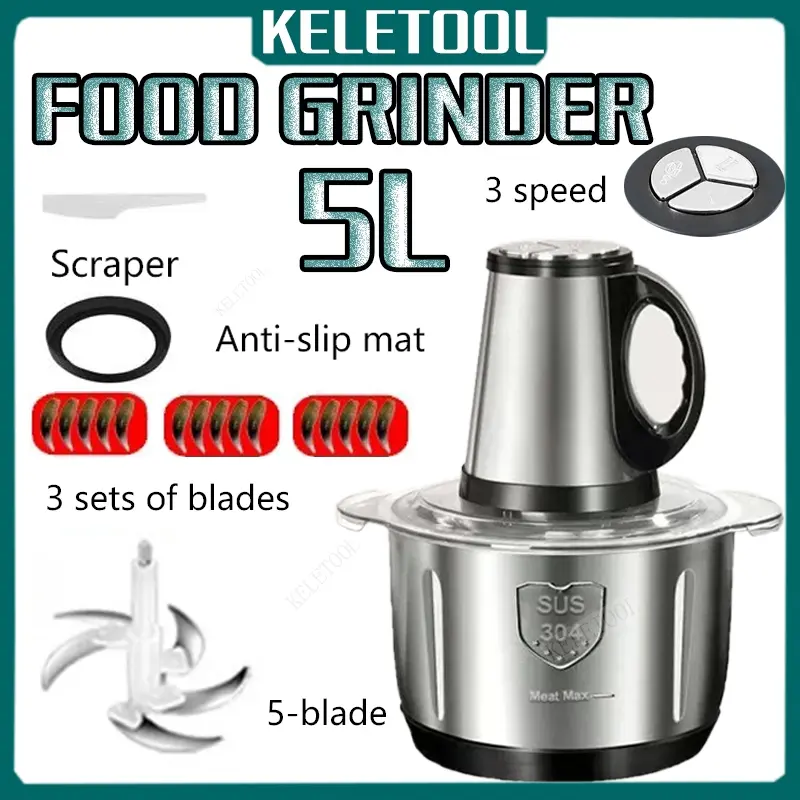 5L Meat Grinder Electric Food Processor Stainless Steel Meat Blender Food Chopper for Meat Vegetables Fruits