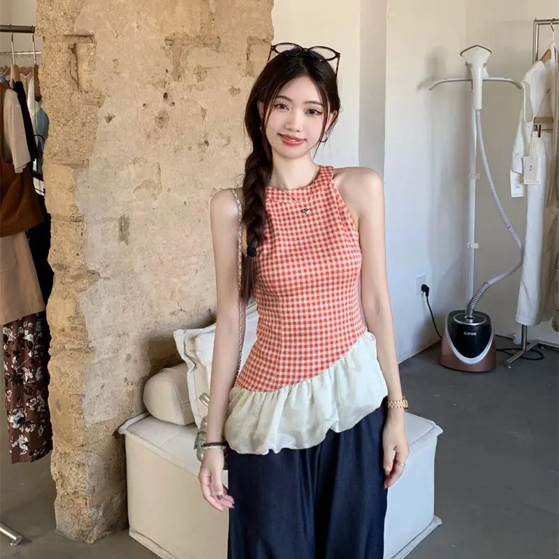 Áo Vest Cổ Yếm Kẻ Sọc, Hàng Mới Về Mùa Hè, Thiết Kế Sang Trọng, Không Tay, Khâu, Dây Đeo Spaghetti Bất Đối Xứng Phong Cách Cô Gái Nóng Bỏng, Áo Trên