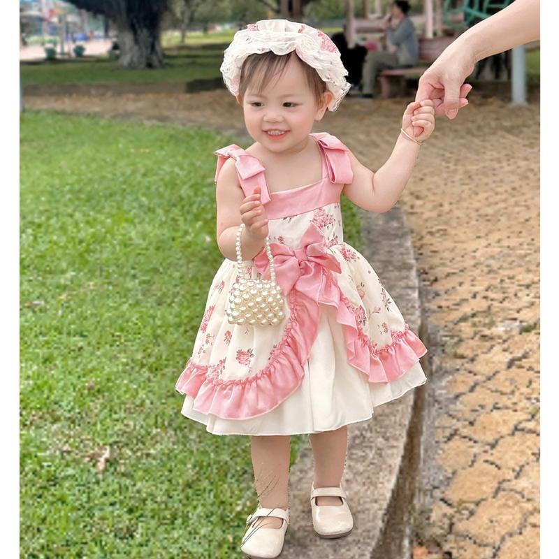 Váy Bé Gái Lolita Hoa Bèo Hồng Nơ Vai 2 Dây Chất Thô Hàn, 3 Chi Tiết Rời Váy, Chip Kèm Turban Xinh Sang Chảnh, Váy Cho Bé 6kg Đến 14kg