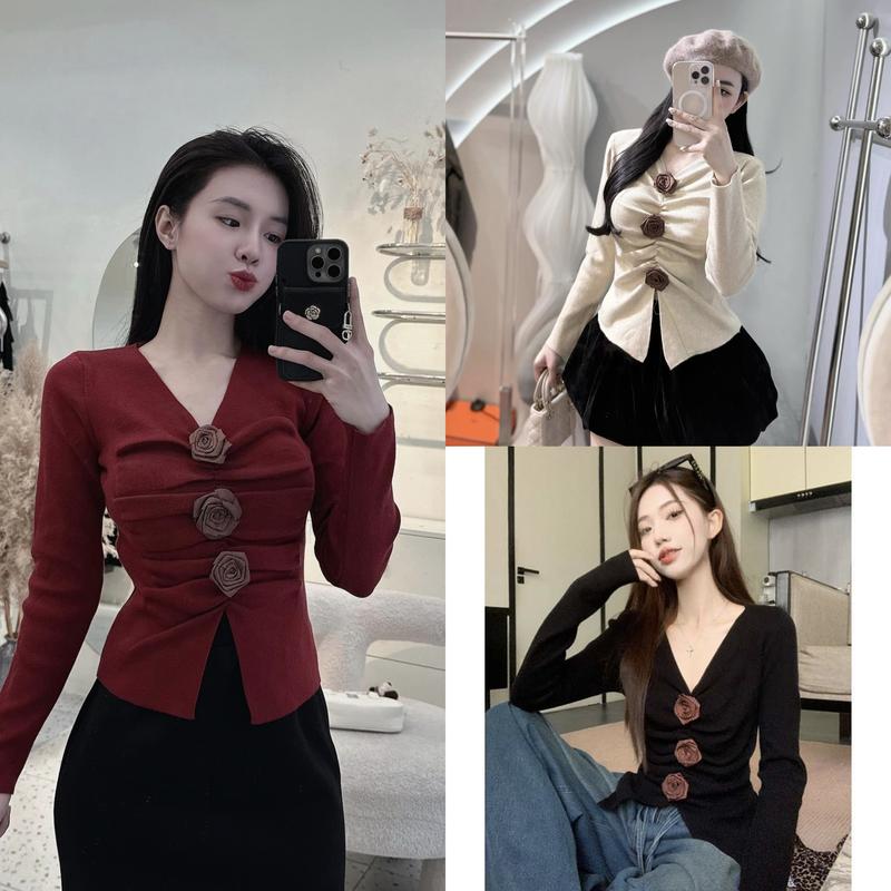 Áo Đính Bông Hoa Len Lông Thỏ Cổ V, Màu Đỏ Đô Đen Be Kem , Áo Kiểu Nữ Thiết Kế Dày Tay Top Nữ Women Dài Tay