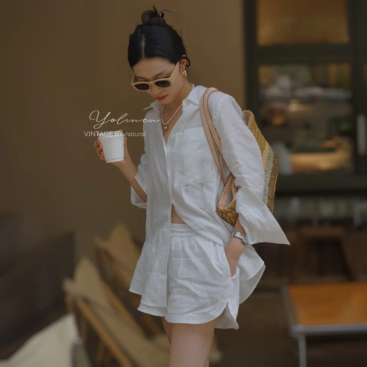 Set Sơ Mi Nữ Trắng Form Rộng + Quần Đùi YOLINEN Thời Trang Xuân Hè