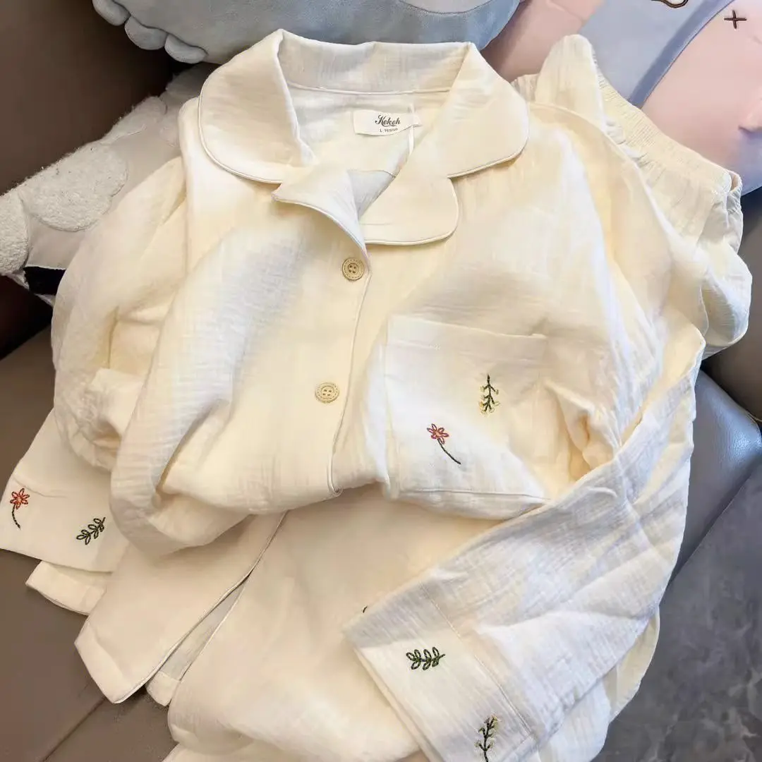 Bộ Đồ Ngủ Gạc Ins, Phong Cách Nhật Bản, Dành Cho Nữ, Hàng Mới Về, Dài Tay, Thiết Kế Nữ Tính Đơn Giản, Cao Cấp, Bộ Đồ Mặc Nhà Ngọt Ngào Áo Top Women