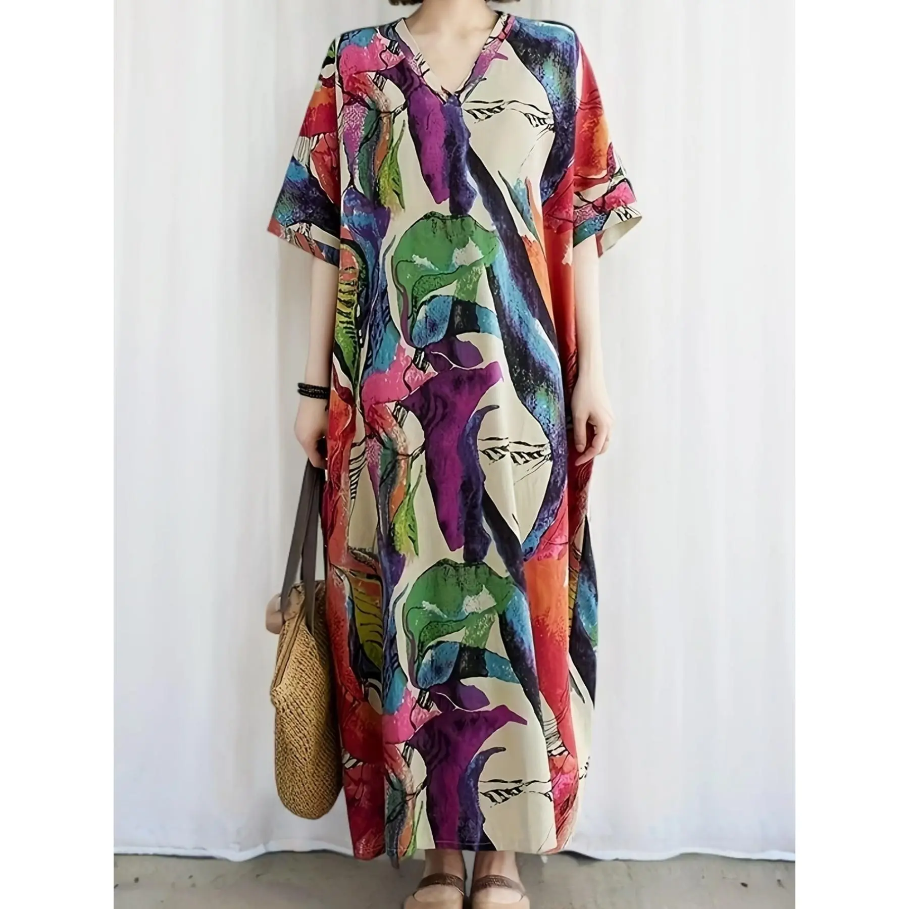 Váy Kaftan Vải Lanh Che, Phong Cách Boho, Ngoại Cỡ Dành Cho Nữ, Có Túi, Cổ Chữ V, In Hoa, Vải Dệt Co Giãn Nhẹ, Làm Bằng Vải Lanh 100%
