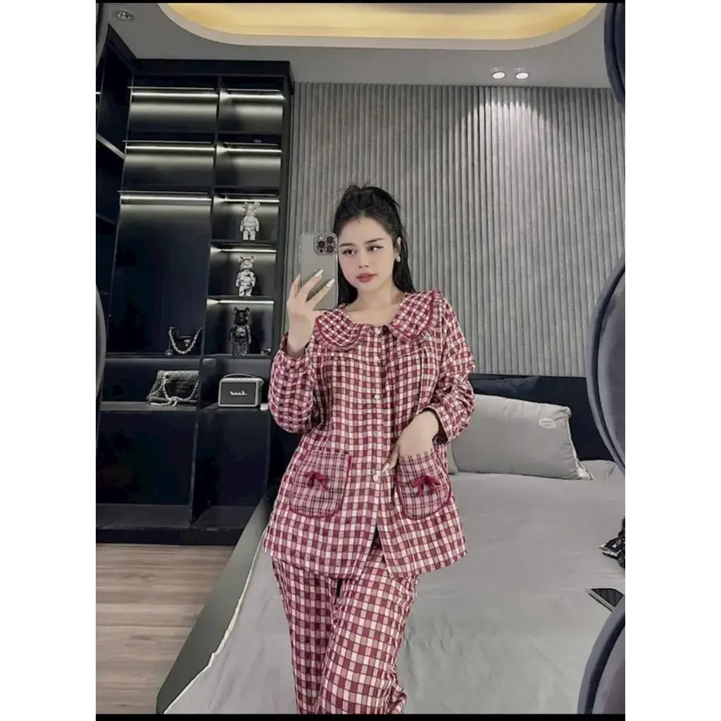BỘ ĐỒ NGỦ MẶC NHÀ DÀI TAY THÔ NHUNG KẺ NƠ TÚI HOT HIT THU ĐÔNG 2023