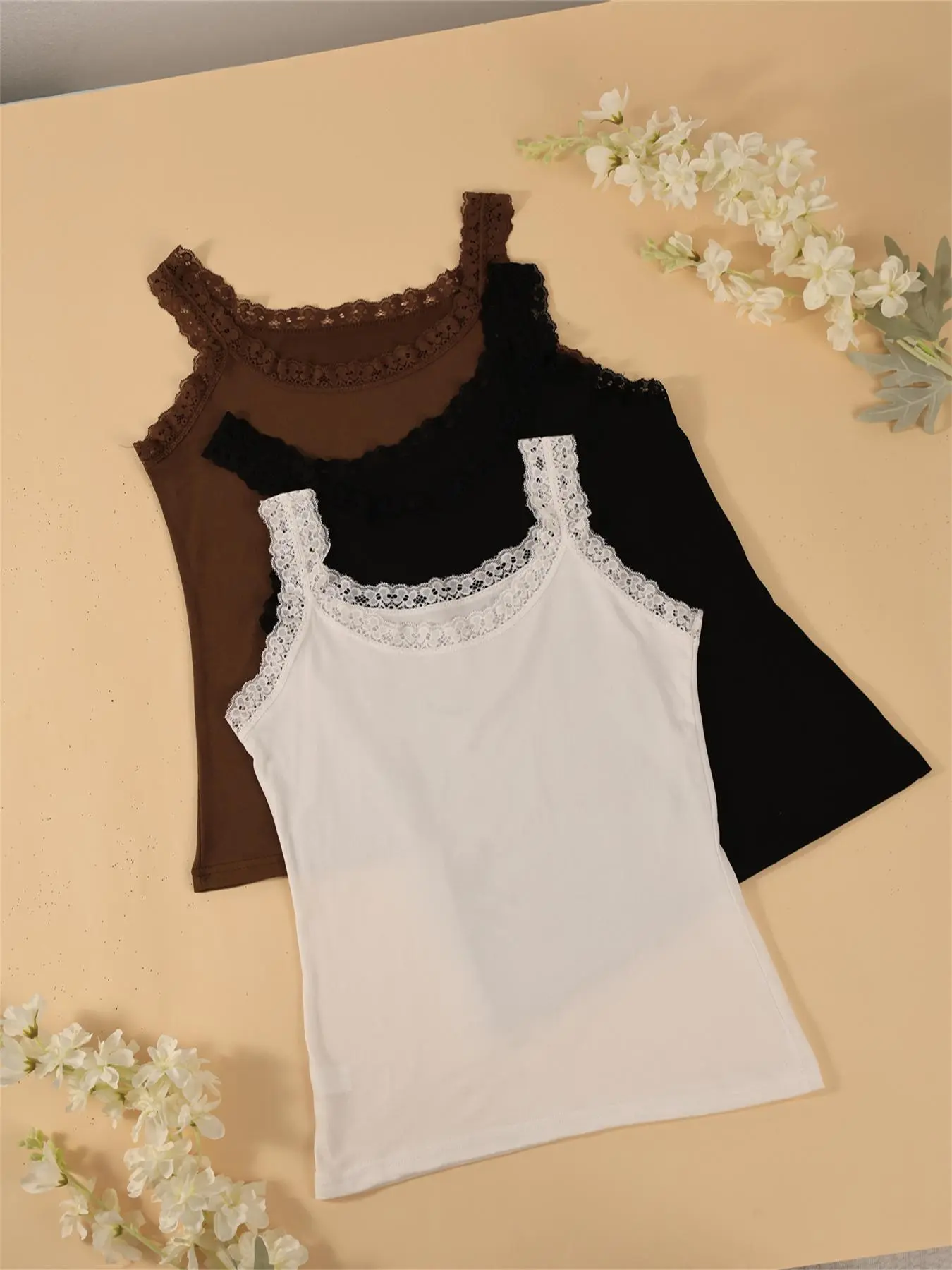 Women's Solid Color Pajama Top, Casual Comfortable Lace Trim Sleeveless Pajama Top for Daily Wear, Ladies Sleepwear for All Seasons