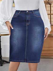 Falda de mezclilla talla grande, casual, cómoda y elástica para uso diario; prendas inferiores femeniles para todas las estaciones