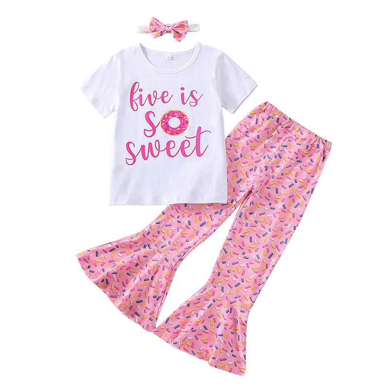 Product Introduction of Kids Girls T-shirt Trousers Set Letter Doughnut Print Short Sleeve Tops and Casual Flare Pants Headband Outfit 35