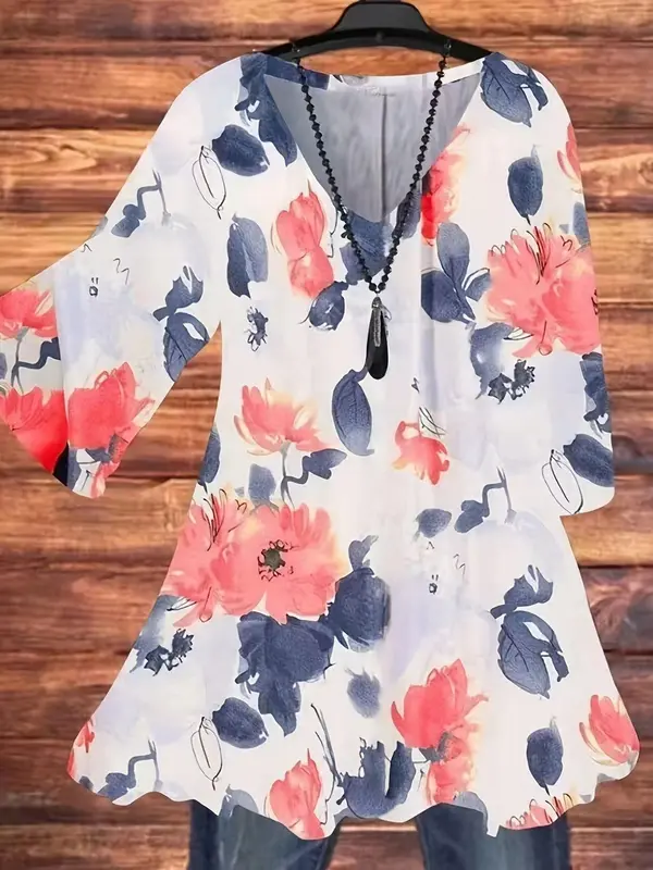 【Plus Size】 Floral Print Curved Hem Cover Up Top, Casual Half Sleeve V Neck Top for Summer, Women's Plus Clothing for Daily Wear, Shirts 6