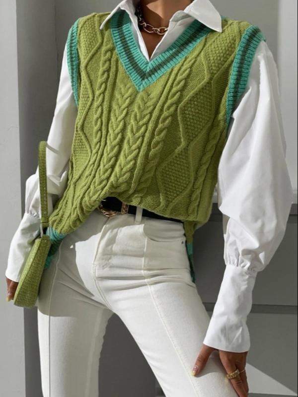 Women's Contrast Binding Split Hem Cable Knit Sweater Vest, Casual V Neck Sleeveless Jumper Vest for Fall & Winter, Fashion Ladies' Knitwear for Daily Wear 2