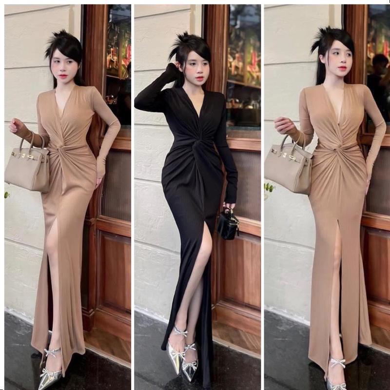 Váy body cổ v sâu xoắn eo xẻ tà gợi cảm - thun gân lạnh Nữ  Dress Women