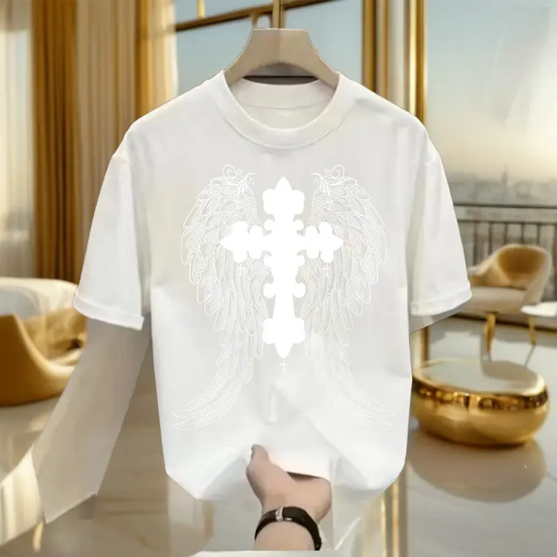 Áo Thun Nam, 100% Cotton, ngắn Tay, In Hình Đôi Cánh Thiên Thần, Dáng Rộng Vừa Vặn, Thoải Mái 8
