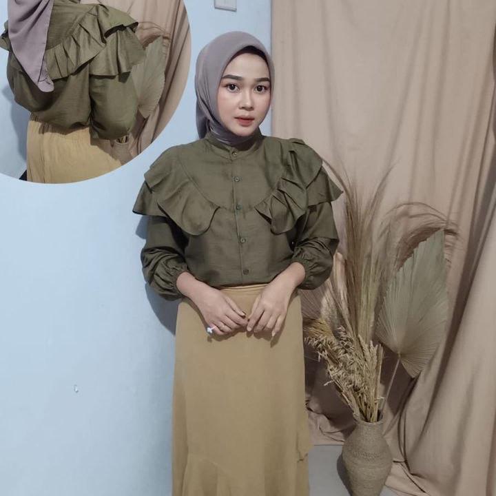 Blouse Rufle Polo Linen Rafella Atasan Wanita Baju Ruffle 0