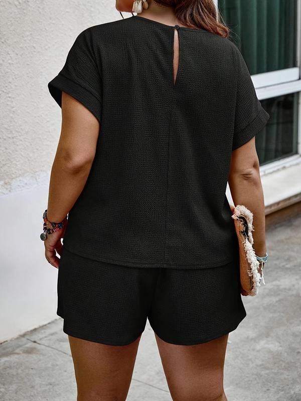 【Plus Size】Two Pieces Solid Textured Blouse Tops & Drawstring Waist Shorts Set, Summer Outfits 2024 Sets, Casual Short Sleeve Keyhole Neckline Top & Shorts, Outfits for Summer, Co Ords for Women 6
