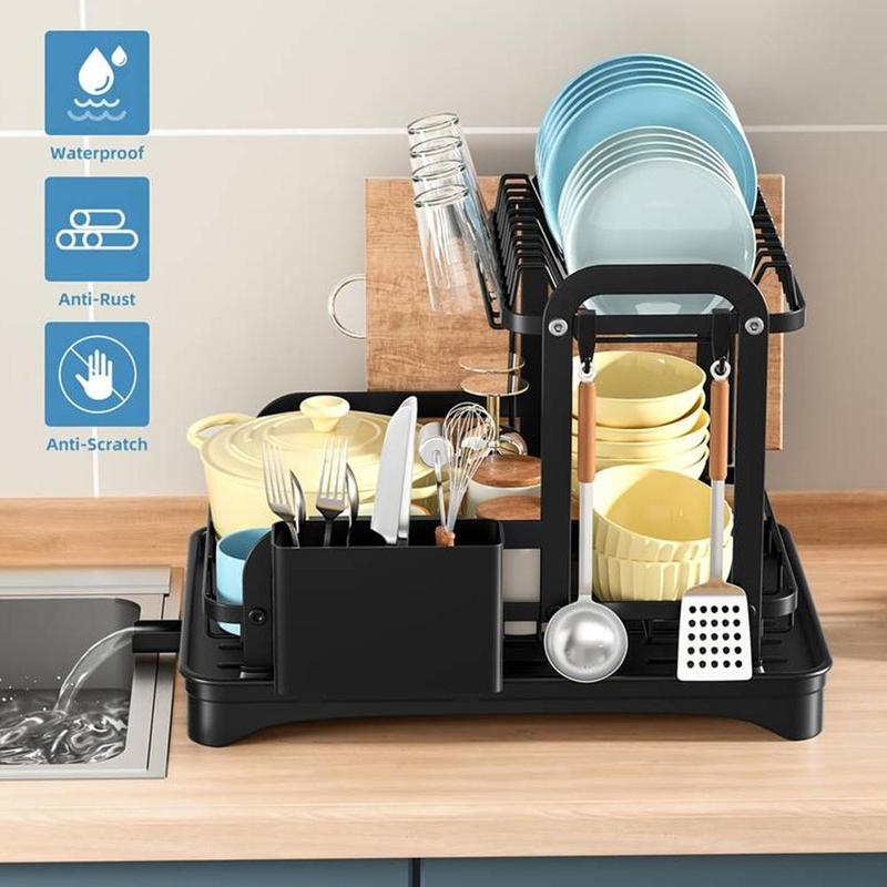 Product Introduction of Kitchen Dish Drainer Rack, 1/2 Counts Countertop Double Layer Dish Drying Rack with Utensils Holder, Kitchen Utensil Rack, Bowl Cup Holder, Kitchen Organizer 3