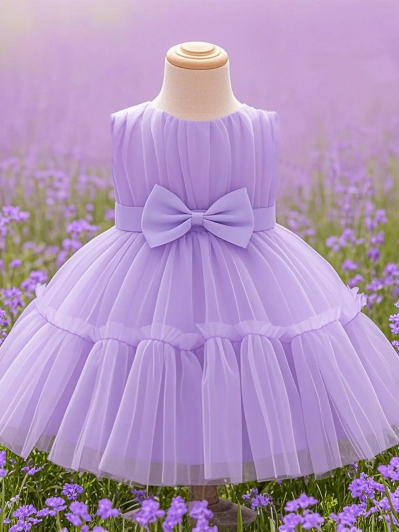 Toddler Girl's Solid Bow Decor Mesh Overlay Dress, Cute Romantic A Line Dress for Party Wedding Guest, Kids Clothes for All Seasons