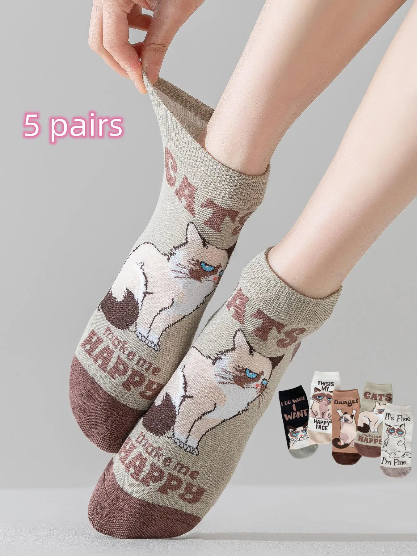 Women's 5 Pairs Cartoon Cat & Letter Print Colorblock Ankle Socks, Cute Comfortable Breathable Low Cut Socks for Daily Wear, Ladies Socks for Spring & Fall