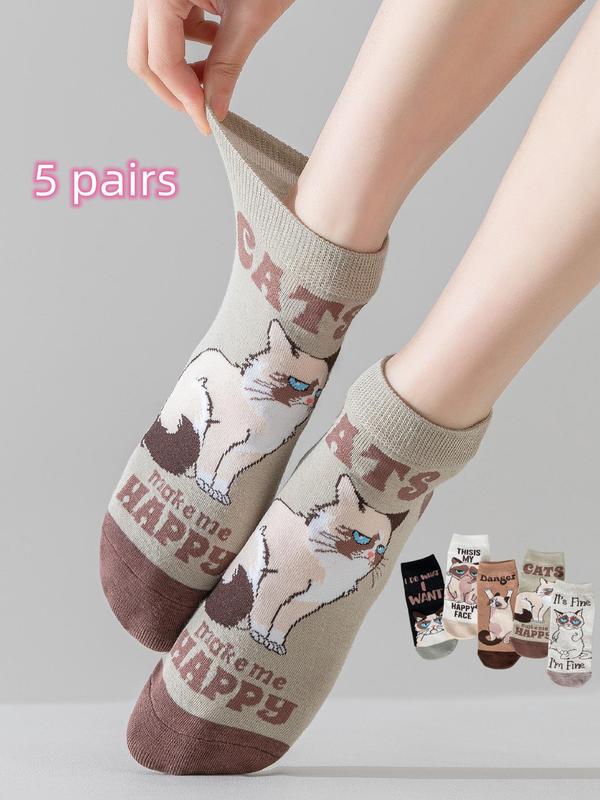 Women's 5 Pairs Cartoon Cat & Letter Print Colorblock Ankle Socks, Cute Comfortable Breathable Low Cut Socks for Daily Wear, Ladies Socks for Spring & Fall 0
