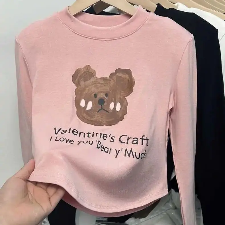 Áo Lớp Nền Cotton Nguyên Chất, Phong Cách Hàn Quốc, Phong Cách Phương Tây, Phổ Biến, In Hình Gấu, Thích Hợp Cho Bé Gái, Áo Phông Lớp Nền 1
