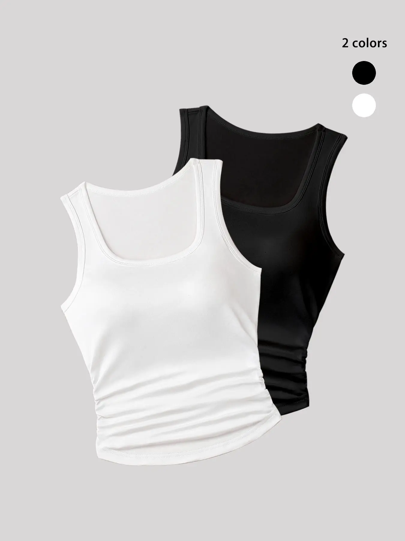 Women's Solid Color Ruched Built-In Bra Crop Tank Top, Casual Square Neck Sleeveless Cropped Top for Summer, Ladies Clothes for Daily Wear