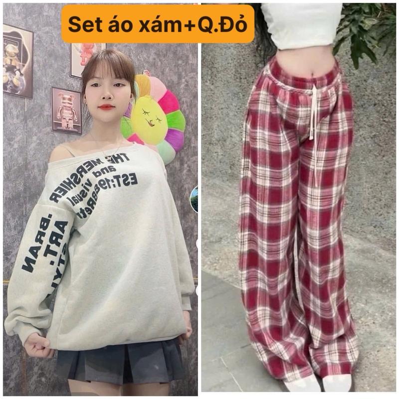 Set bộ thu đông Áo trễ vai 1988 chất nỉ tàu xịn đủ màu+ Quần kẻ caro ống rộng hack dáng mặc quanh năm thoải mái