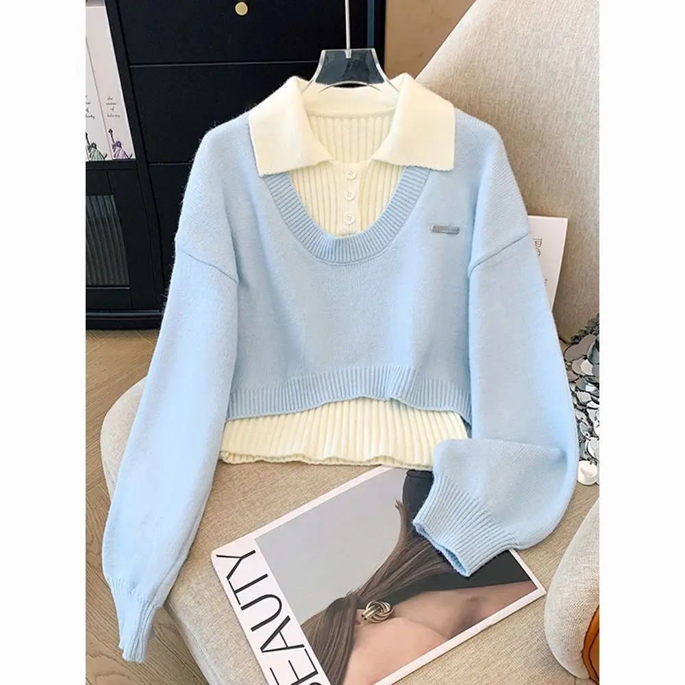 Bộ Đồ Mới, Phong Cách Hàn Quốc, Mặc Phong Cách Preppy, Áo Len Hai Mảnh Cổ Polo, Thích Hợp Mặc Thường Ngày Bộ Sưu Tập Đầu Thu, 2024 Nữ Top