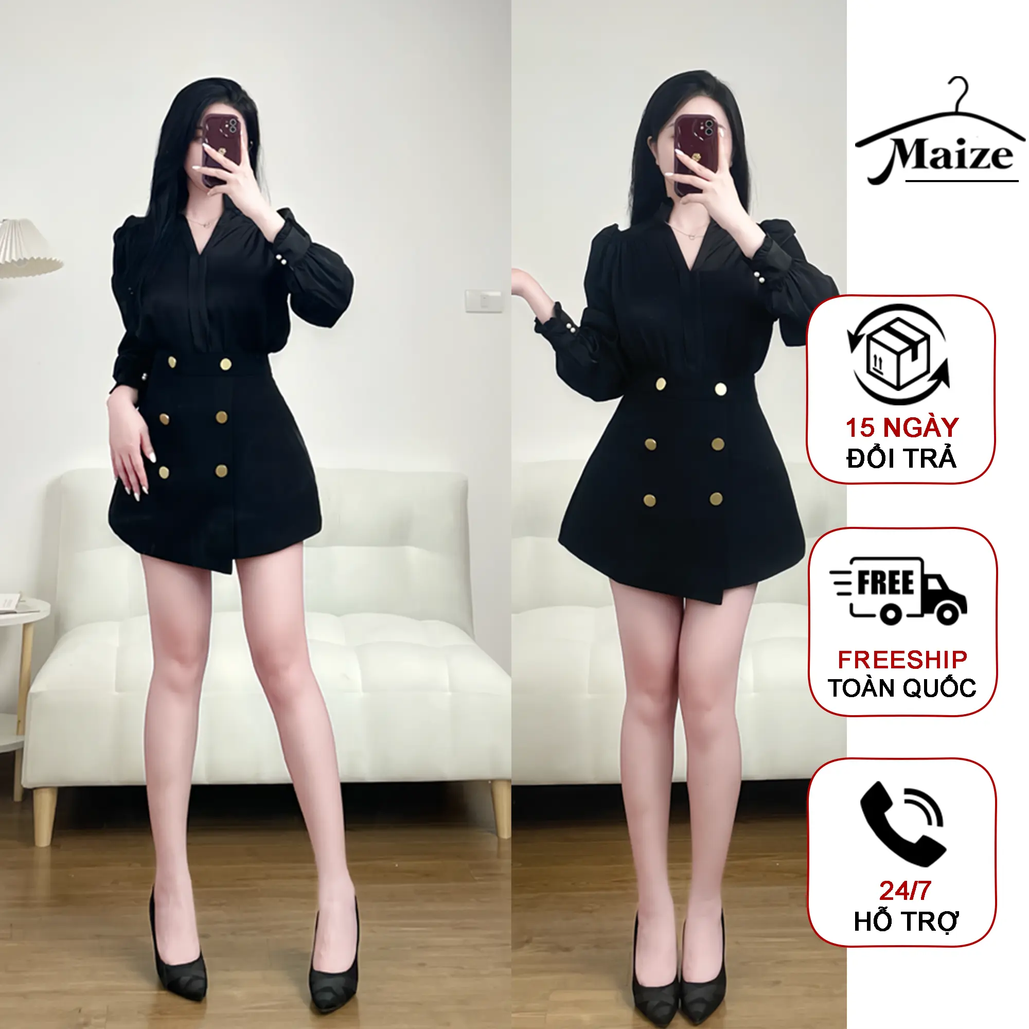 Set váy chữ A chéo tà Maize 2 lớp đính cúc đồng mix sơ mi lụa tay đính ngọc cách điệu sang trọng Nữ