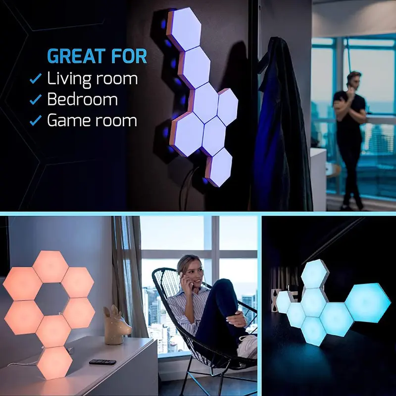LED RGB Hexagon Wall Light, 6 Counts USB Powered Wall Light with 18 Colors, Wall Lamp with Battery Powered Remote Control (Battery Not Included) 5