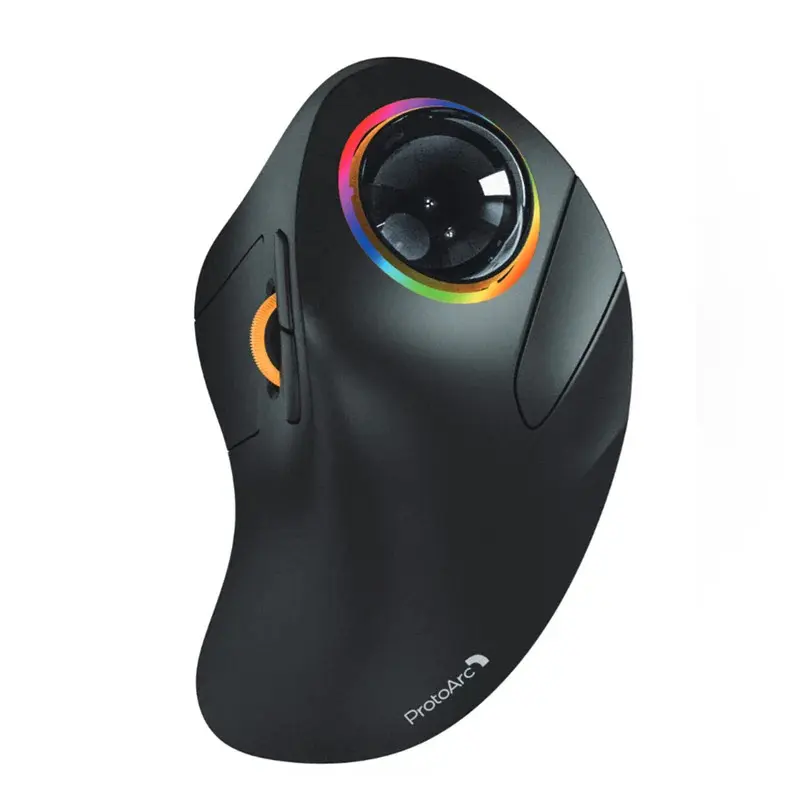 Tetikus Trackball Jari Telunjuk Tanpa Wayar, ProtoArc, Pengecasan Semula, Penggelek RGB, BT 2.4g, Tetikus untuk Komputer Riba dan Komputer, Sambungan 3 Peranti