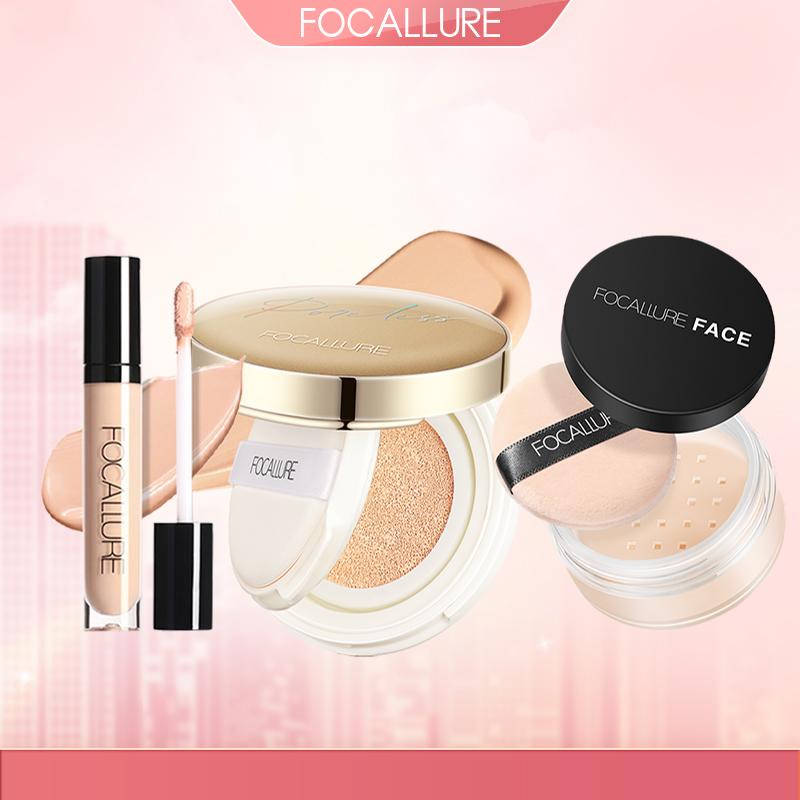 FOCALLURE Combo 3 Món Cushion Hỗ Trợ Che Phủ + Kem Che Khuyết Điểm + Phấn Phủ Hỗ Trợ Kiềm Dầu Phù Hợp Trang Điểm Hằng Ngày