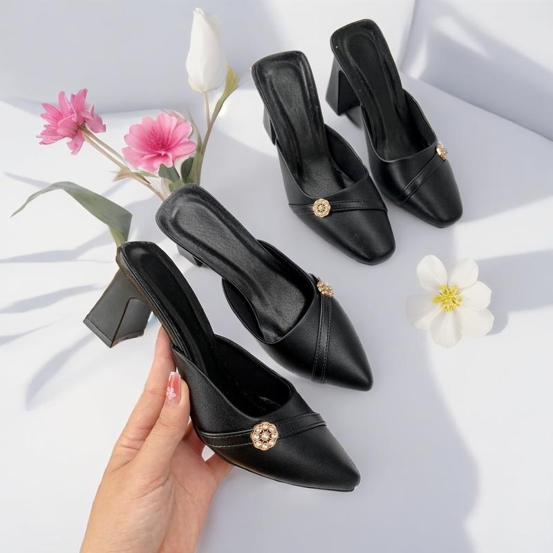 Giày Sục Hở Gót Cao Gót 5p và 7p Mũi Vuông Và Mũi Nhọn Thiết kế Giày Có Mác Tròn và Dây Trang Trí DéP Nữ Sandal Shoes Đế Bằng Đế Bằng