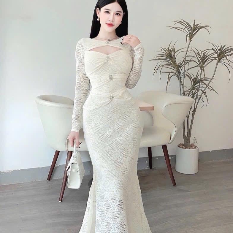 Váy thiết kế ren dáng ôm body đuôi cá khoét V1  tay dài NQtl1
