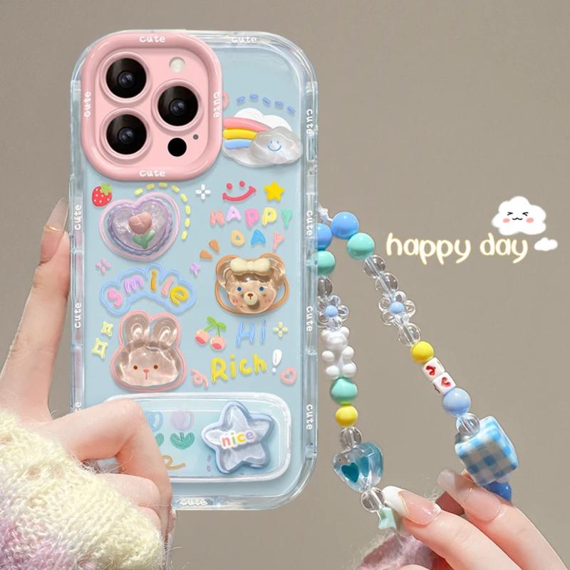 Ốp Điện Thoại Búp Bê Gấu Đám Mây Hoạt Hình, Dành Cho iPhone 16, 15, 14, 13, 12, Pro Max, 16, 15, 14 Plus, Ốp Điện Thoại Kem Thạch, Ốp Lưng Chống Sốc, Có Giá Chân Đế Gập Gương Nhỏ Và Vòng Tay