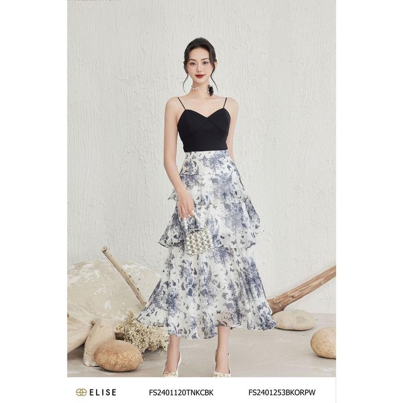 Chân váy tơ trắng hoa đen xếp bèo tầng thiết kế Elise mã sản phẩm FS2401253BKORPW