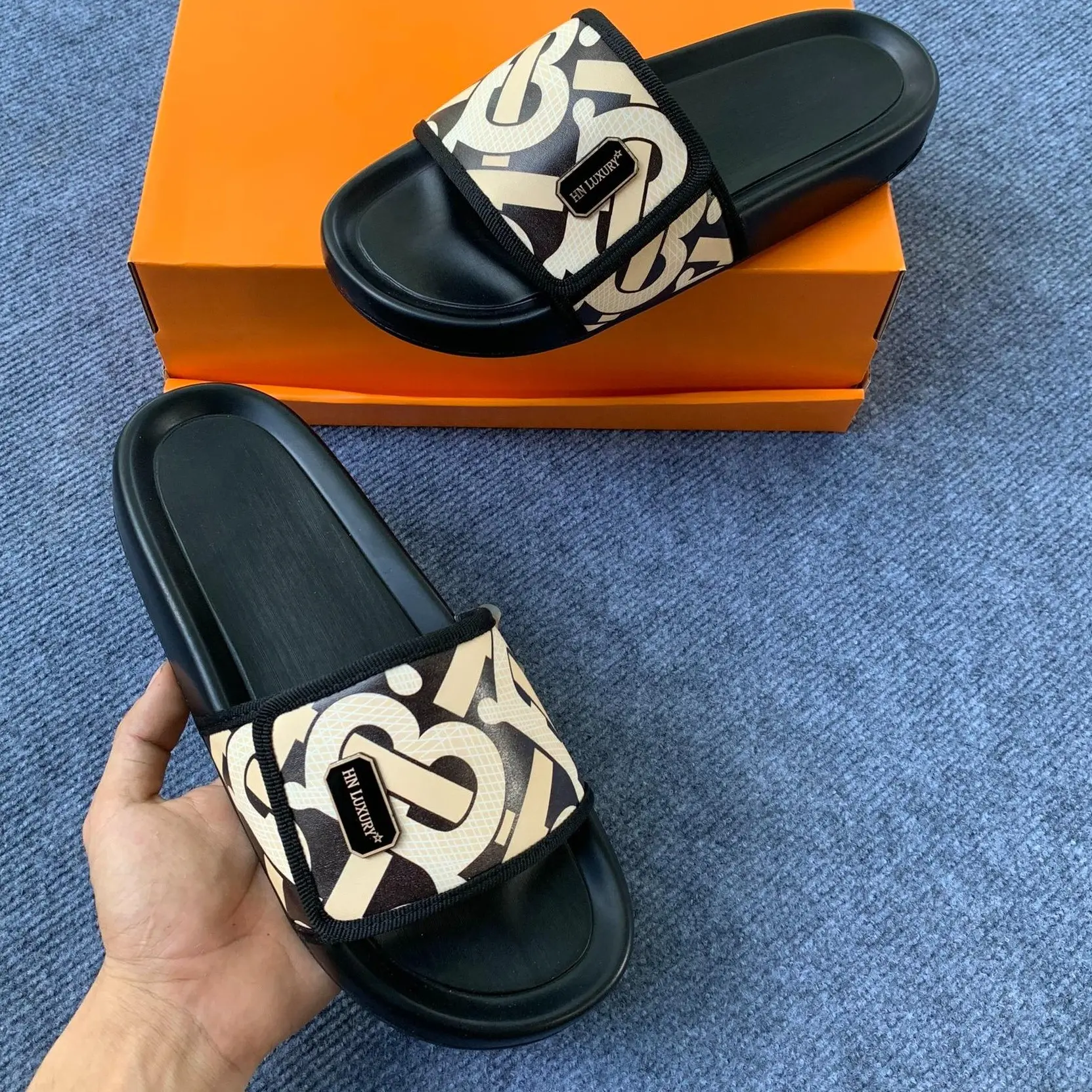 [Mã HN2] Dép nam nữ BBR quai da dế cao su loại 1 có hộp Slipper DéP [HN Luxury] Đế Bằng