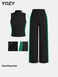 YOZY Women's Colorblock Ribbed Tank Top & Pocket Pants Two-piece Set, Casual Sleeveless Top & Trousers for Daily Wear, Ladies Two-piece Outfits for All Seasons, Travel