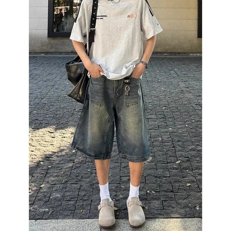 Rimo Cropped Pants Patchwork Stitching "2024 Summer New Washed Distressed Wide-Leg Denim Shorts Men and Women