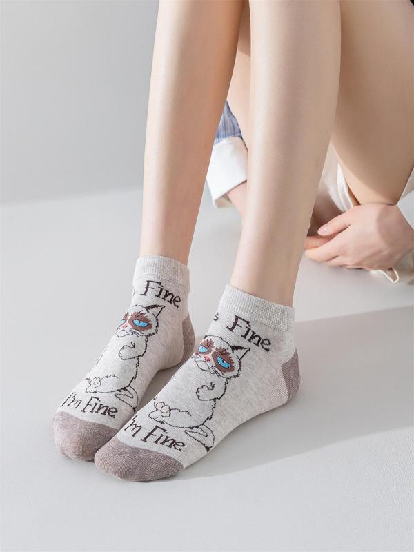 Women's 5 Pairs Cartoon Cat & Letter Print Colorblock Ankle Socks, Cute Comfortable Breathable Low Cut Socks for Daily Wear, Ladies Socks for Spring & Fall 6