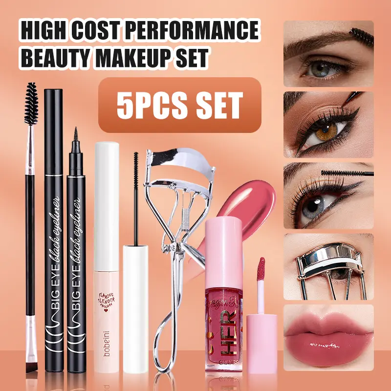 [5PC Makeup Set] Mascara Ultra-Fine Eyelashes Long Small Brush Head Curling Mascara Extension Women Makeup&Mini Lip Gloss Oil Long Lasting Shiny Lip&Women Eyeliner Liquid Pen Waterproof Long Lasting&1pcs Eyebrow Brush&Eyelash Curler Clip Cosmetic